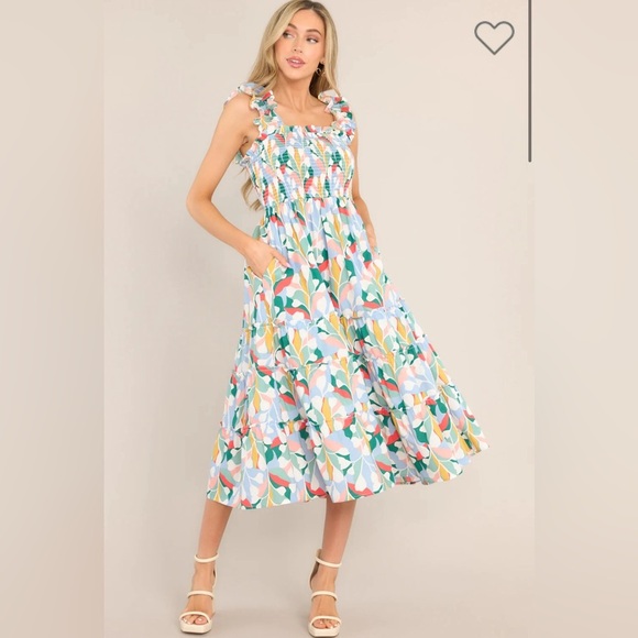 NEW Blue Multi Print Smocked Midi Dress - Picture 3 of 9